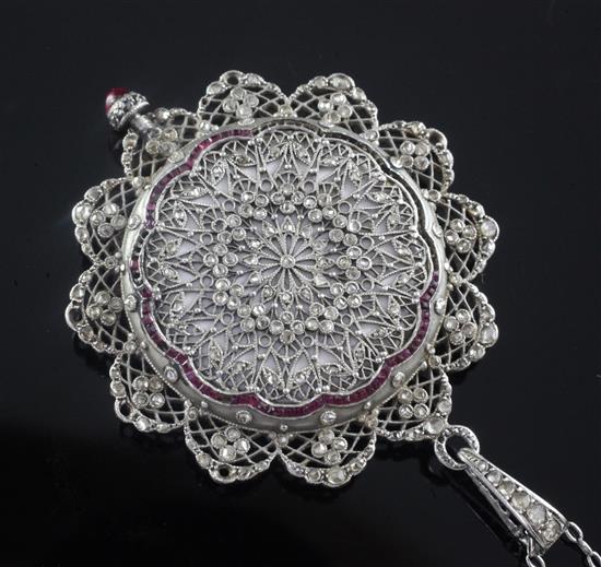 An attractive Belle Epoque French? pierced white gold, enamel, ruby and rose cut diamond set dress fob watch on a white metal chain,